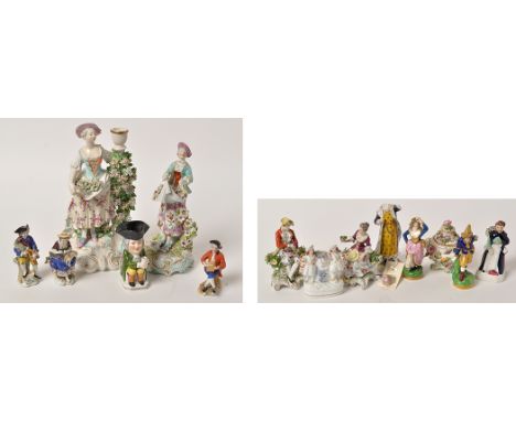 Derby style candlestick figure, of lady in 18th Century dress, height 27.5cm; Derby style flower seller figure, height 24cm; 