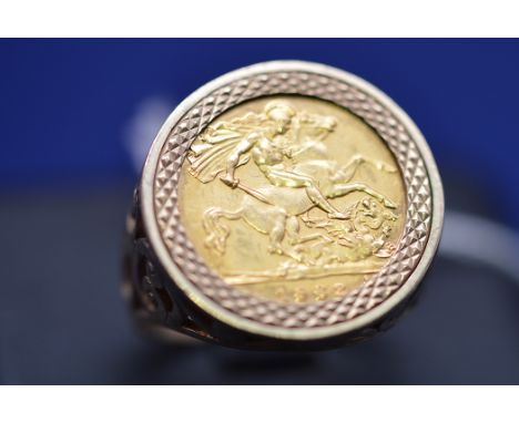 An Elizabeth II gold half sovereign, 1982, in 9ct. yellow gold ring mount, ring size R, 8.9grms.
