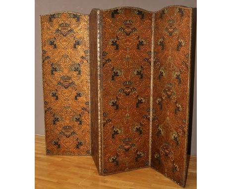 A Victorian embossed leather gold and polychrome painted four-fold screen, decorated with floral scrolls, plain reverse, each