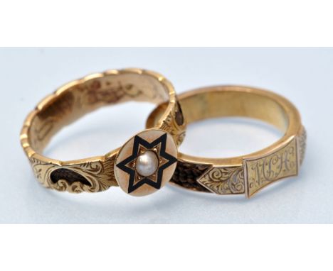 Two 19th Century mourning rings, one with circular plaque centred by half pearl, surrounded by blue enamel star, the 15ct. ye