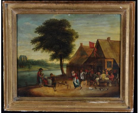 18th Century Dutch SchoolVillagers carousing at a riverside tavern,oil on  panel,47 x 58cms; 18 1/2 x 22 3/4in.