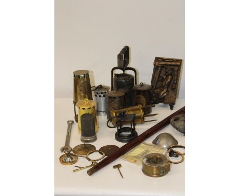 A box full of assorted mining lamp parts &amp; a deputies stick 