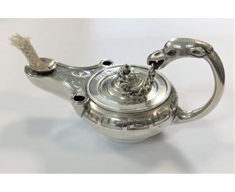 by John Wilmin Figg, London 1849, in the form of an 'Aladdin's lamp', engraved with 'Greek key' style and foliate decoration,