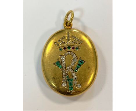 of oval form, the front, 'VR' monogrammed and set with old cut diamonds and emeralds under a coronet set with old cut diamond