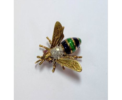 the body set with a cluster of grain set eight cut diamonds together with vibrant blue and green enamel striped decoration, r
