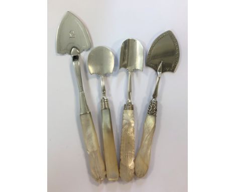all with decorative mother-of-pearl handles; the first spade, makers mark (R.B) not traced, London 1786, the triangular blade