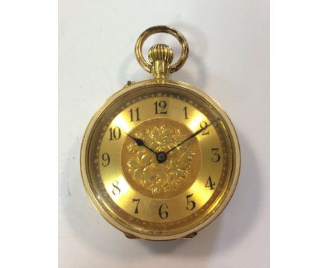 the gilt floral dial, 31mm diameter, with black Arabic numerals, blued spade hands and gold coloured dot minute track, crown 