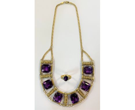 the collar with a central row of six rubover set octagonal faceted amethysts, 18 x 15mm, separated by decorated bars, attache