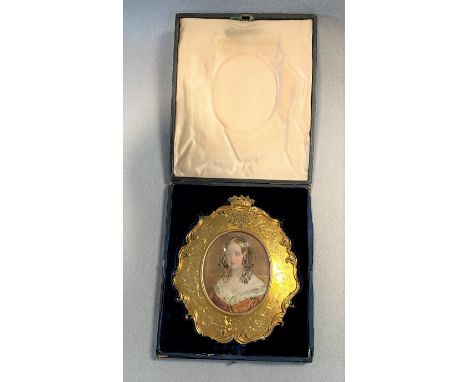 watercolour on ivory; the seated Duchess with long curling brown hair adorned with a circular clip, dressed in a fur edged dr