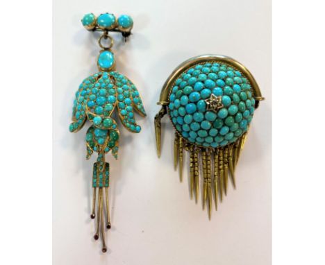 the first, in the form of a fuchsia flower set with turquoise (one missing), pendulous teardrop shape with ruby set sepals, h
