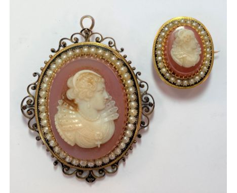 the first, a larger brooch featuring a bust portrait of a lady, seed pearl and black enamel border and scroll mount, pin and 