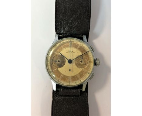 c1944, the signed two tone (cream and tan) dial, 35mm diameter, with cream Roman numerals and blued hands, centre chronograph