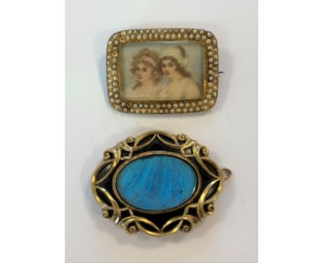 the first, a rectangular portrait of two young women within a cushion shaped border set with multiple seed pearls (3 missing)