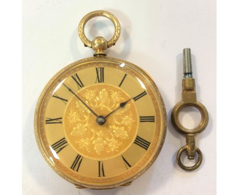 mid 19th century, the gilt floral dial, 32mm diameter, with black Roman numerals, blued spade hands and gold coloured dot min