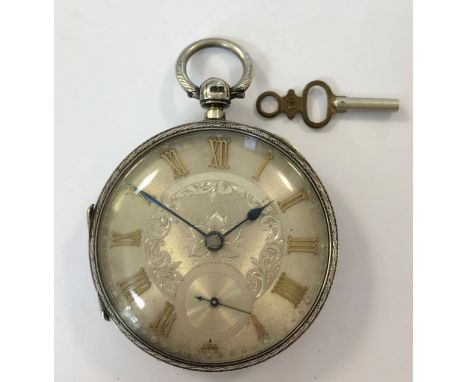 c1898, the unsigned silver coloured dial, 48mm diameter, with applied gold coloured Roman numerals, blued spade hands, subsid