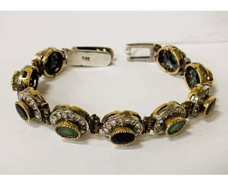 925 ANTIQUE INDIAN SILVER GILT BLUE SAPPHIRE, EMERALD &amp; RUBY BRACELET