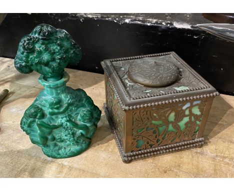 BRASS ORNATE INKWELL &amp; GLASS PERFUME BOTTLE