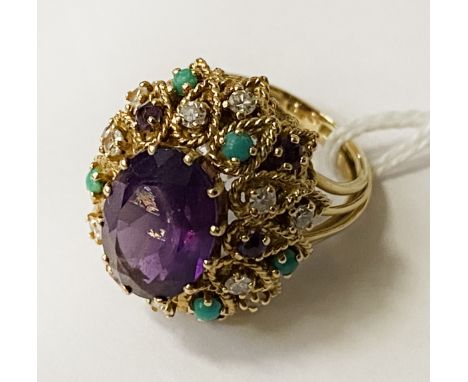 18 CARAT GOLD DIAMOND AMETHYST &amp; TURQUOISE RING SIZE M - 12.1 GRAMS APPROX