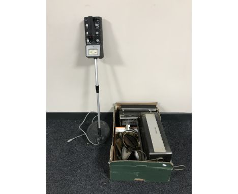 A box of vintage radios, wood working tools, staplers, shoe stretchers, metal detector etc 
