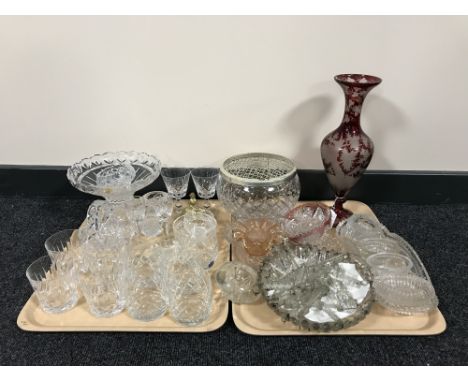 Two trays of glass ware, including ruby glass vase, glass light shade with drops, crystal bowl etc 