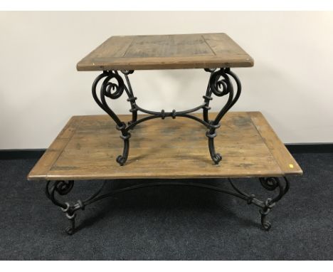 A contemporary pine topped rectangular coffee table on iron base together with matching lamp table 