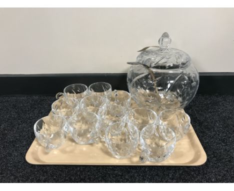 A lead crystal lidded punch bowl with twelve cups and a plated ladle
