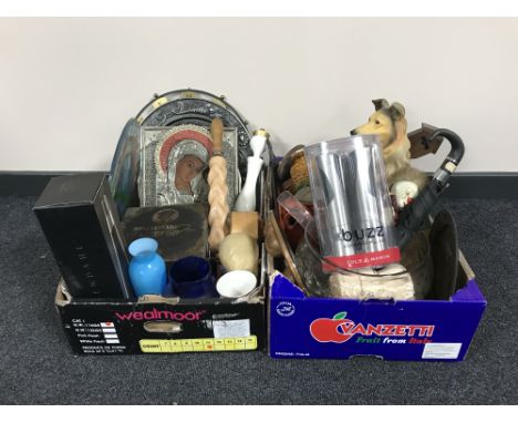 Two boxes of ornaments, vintage rolling pin, metal plaques, icon etc 