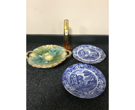 A Whitefriars tangerine glass slender vase, together with two Spode Italian blue and white plates and a pottery tazza (4)