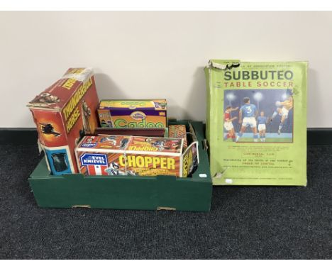 A boxed Subbuteo set and a boxed ideal Evil Knievel chopper bike, Thunderbolt horse, Triang power unit, Broons and Oor Wullie