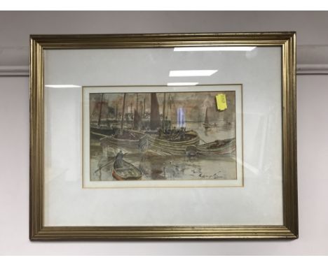 Thomas Swift Hutton, Fishing Boats at Whitby, watercolour, 22cm by 13.5cm, framed