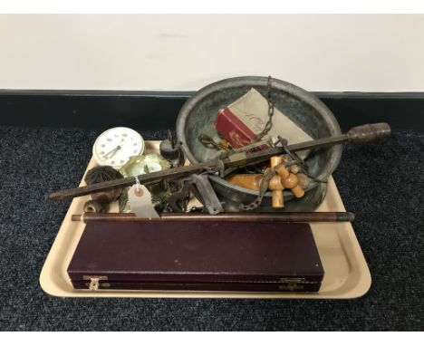 A tray of vintage hanging scales, bottle openers, weight, brass candlestick, cased carving knife etc 