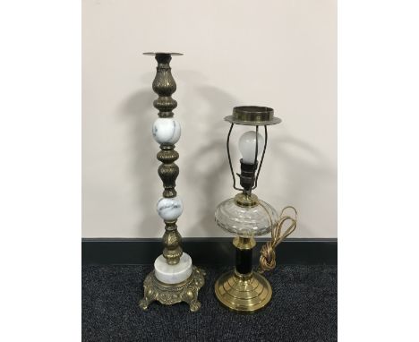 A gilt metal and marble table base together with a converted brass and glass oil lamp