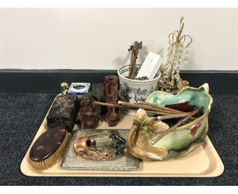 A tray containing carved Oriental figures, Oriental lacquered box, china inkwell, plated photo frame etc