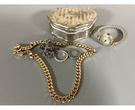 A silver trinket box, together with a 9ct gold cased wristwatch, silver padlock bracelet, dress rings, chain etc