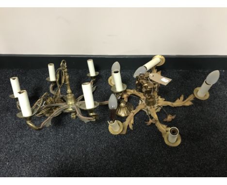 Two decorative brass five way light fittings 