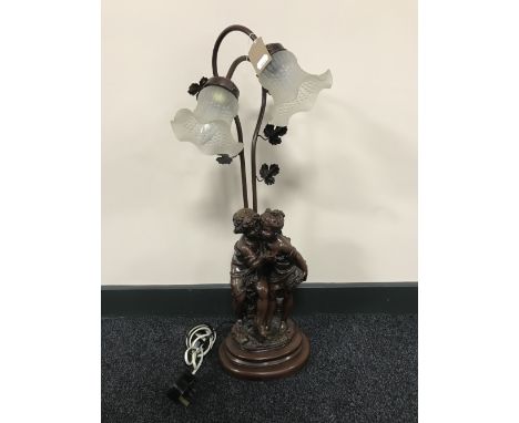 A two-way table cherub lamp with glass shades