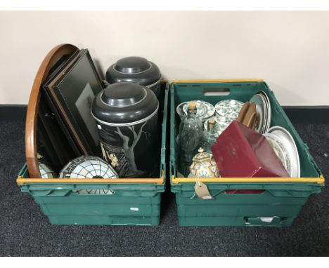 Two crates of mirror, pictures, two Oriental metal tea caddy, Tiffany style shade, plates, bottles etc 