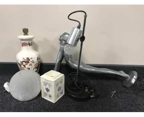 A box of Masons table lamp, mid 20th century lamp, metal art deco table lamp with shade, Ringtons tea jar etc  