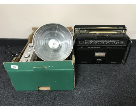 A box of mid 20th century Dancing Times magazines, barber heat lamp and four assorted radios 