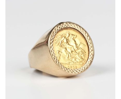 A George V half-sovereign 1911 in a 9ct gold ring mount, weight 13g, ring size approx R.Buyer’s Premium 29.4% (including VAT 