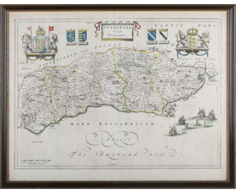 Joan Blaeu - 'Suthsexia vernacule Sussex' (Map of the County), 17th century engraving with later hand-colouring on laid paper