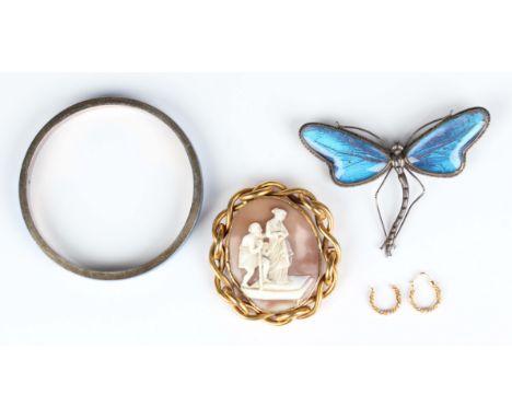 A Victorian gilt metal mounted oval shell cameo brooch, carved as three classical figures, width 5.7cm, a silver and pale blu
