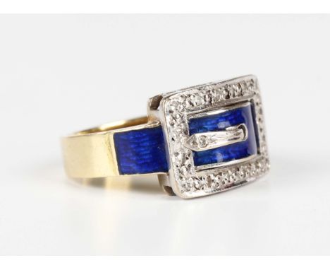 An 18ct gold, diamond and blue enamelled ring in a curved rectangular buckle and strap design, mounted with circular cut diam