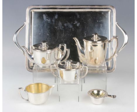 A mid-20th century Spanish silver six-piece tea set, comprising two-handled rectangular tray, teapot and cover, water jug and