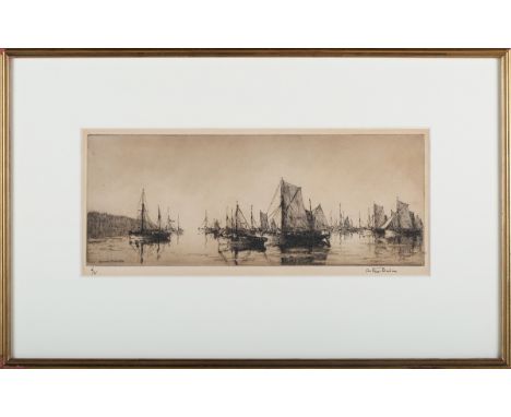 Arthur Briscoe - 'Brixham Trawlers', monochrome etching circa 1929, signed and editioned 6/75 in ink, 15cm x 36.5cm, within a