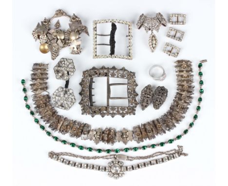 A foil backed green paste necklace, length 34cm, a colourless paste necklace, as converted from a bracelet, an aluminium sign
