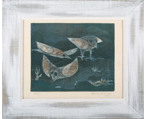 Satish Sharma - Three Owls, 20th century colour mixed method etching, signed, dated 1971 and editioned 19/25 in pencil, sheet