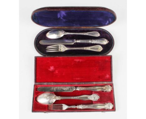 A Victorian silver Grecian pattern knife, fork and spoon christening set, London 1880 and 1881 by Chawner &amp; Co, cased, an