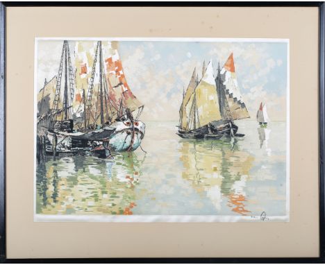 Hans Figura - Sailing Vessels on a Venetian Lagoon, early 20th century etching on silk, signed in pencil, 37cm x 51cm, within