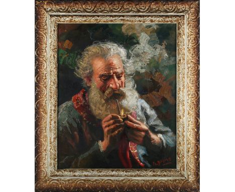 A. Basile - Portrait of a Bearded Gentleman smoking a Pipe, 20th century oil on canvas, signed, 56.5cm x 46.5cm, within a pai